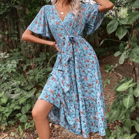 Boho floral ruffle hem belted dress - Picture 3 of 14